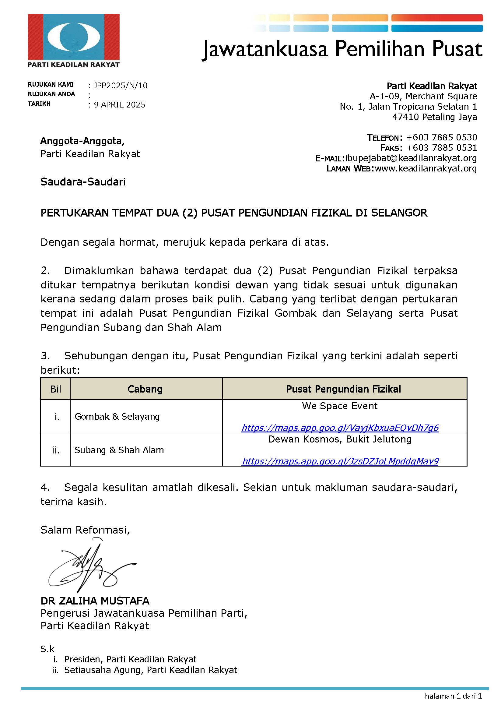 Notis Pertukaran Tempat  2 Pusat Pengundian Fizikal di Selangor
